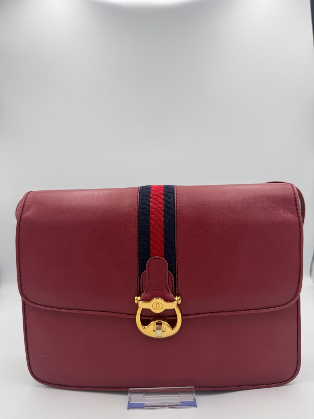 VTG Gucci Burgundy Leather Sherry Line Web Horsebit Flap Shoulder Bag 406-001
